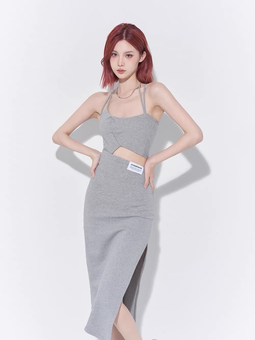 CYNR Gray Cutout Midi Dress | Size S | Strappy Detail